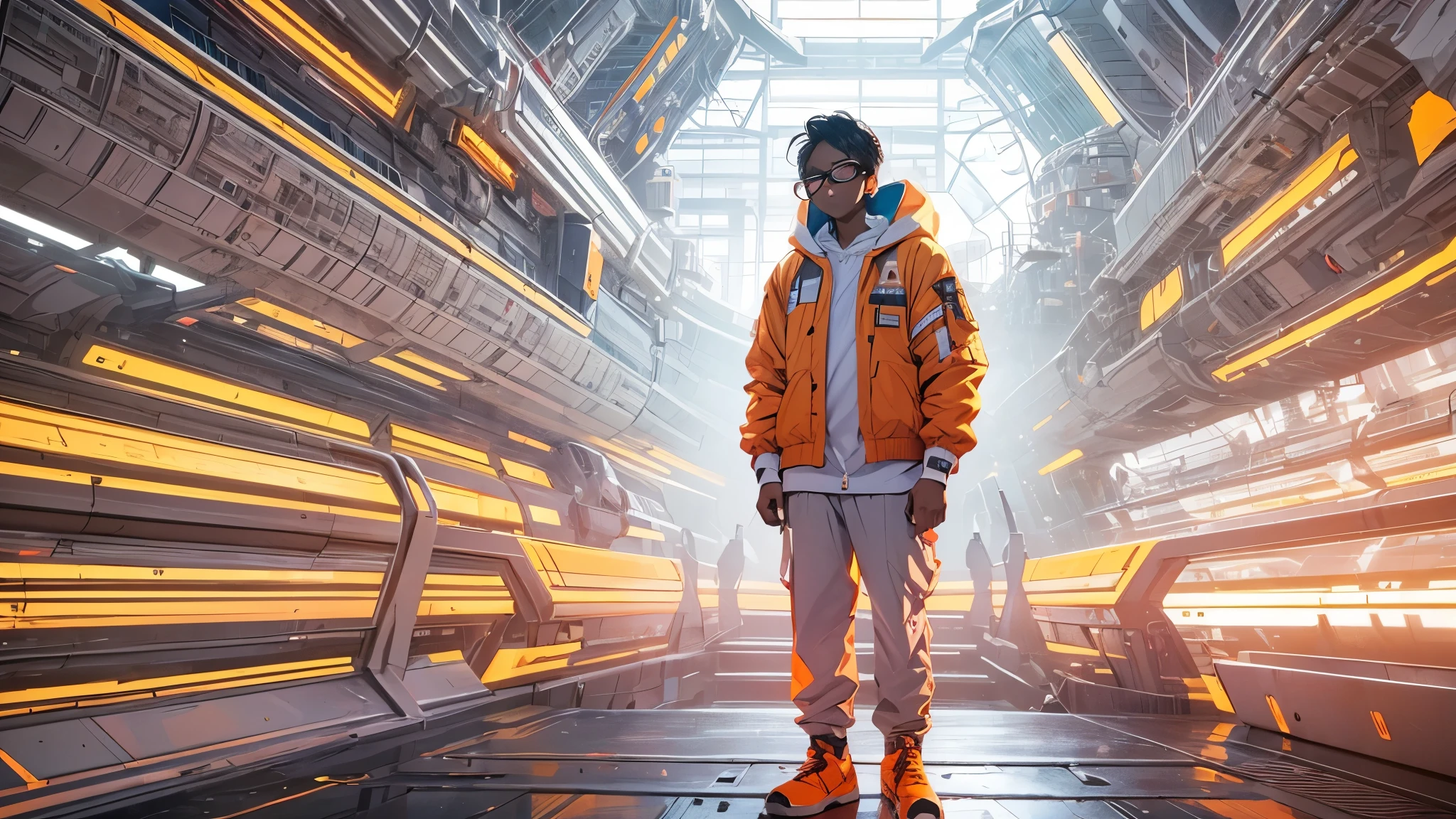 Capture the breathtaking moment as a young, dark-skinned man wearing glasses, dressed in a crisp white windbreaker hoodie faces an ominous orange light structure in a futuristic white building, in the midst of a space station with rocket ships and advanced equipment, creating a raw and emotional masterpiece. This ultra-high resolution, photorealistic full-body portrait is bathed in the warm glow of sunlight, capturing the essence of the scene. The style is reminiscent of mecha sci-fi anime, presented in an impressive 8K resolution for unparalleled image quality. Crafted with Unreal Engine 5, the artwork features ultra-realistic 64K CG, skin texture at 1.4, and an evocative orange volumetric fog, adding depth and atmosphere to the narrative. Further detailing includes 8K UHD, DSLR quality, film grain, and the artistic nuances of lomography, resulting in a visually stunning composition that seamlessly blends high-quality visuals, translucent effects, and photorealism to truly captivate the viewer.
