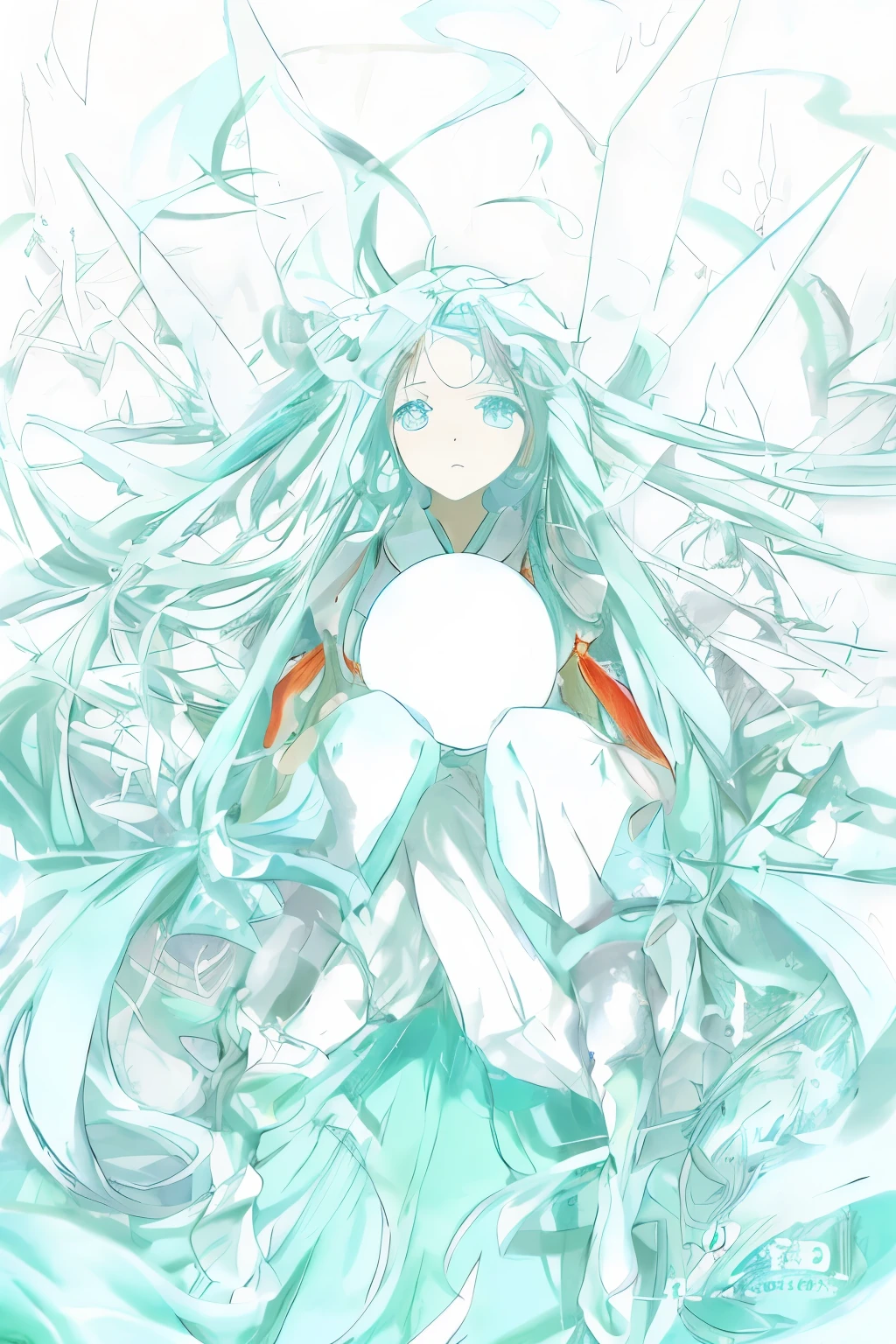 anime girl,long white hair,blue eyes,sitting on bed, Ethereal animation, White-haired God, anime long hair girl, anime goddess, 宇宙发anime girl, 青色头发的anime girl, Beuatiful anime artwork, Beuatiful anime art, anime wallpaper, white cyan, Fantasy psychedelic animation, Popular anime artwork, Hatsune Miku, Beuatiful anime