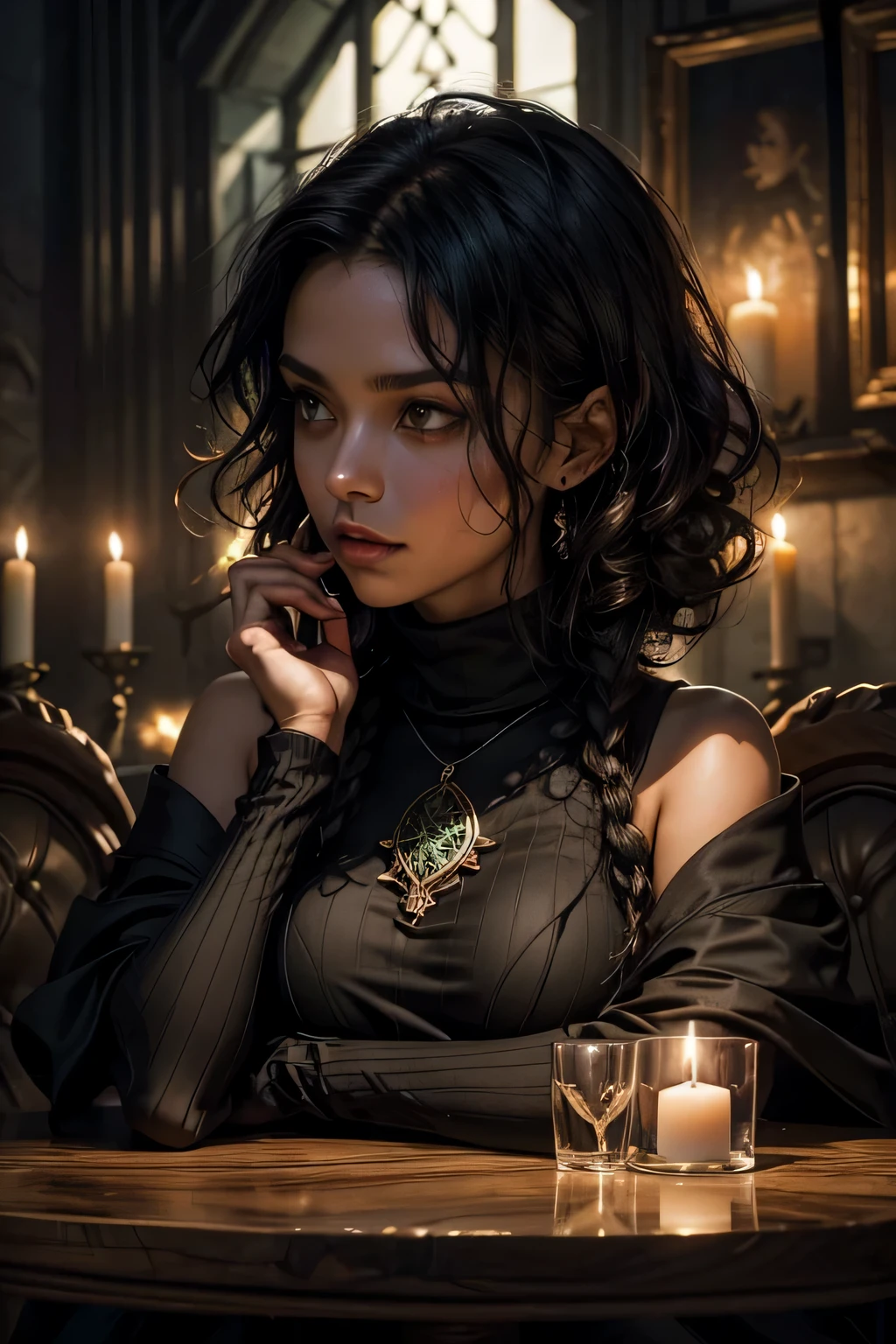 (close up) Generate an image of a witch sitting by the table with taro cards. Tan olive skin, curly hair, green eyes. Dressed in simple black turtleneck dress. Dark surroundings, dark academia aesthetic with candle lights. Their reflection showing a mysterious and manipulative aura. The character's reflection should have a dark, shadowy presence. Fantasy Blending realism with whimsy