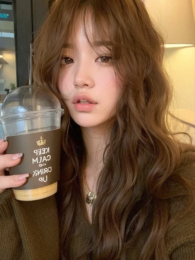 Mujer arafed con cabello largo sosteniendo una bebida y una taza., Lalisa Manobal, ulzzang, Jinyoung Shin, bae suzy, Lalisa Manoban de Blackpink, brown pelo largo con flequillo, pelo largo con flequillo, flequillo rizado, jossi de blackpink, jaeyeon nam, flequillo y cabello ondulado, pelo largo con flequillo completo