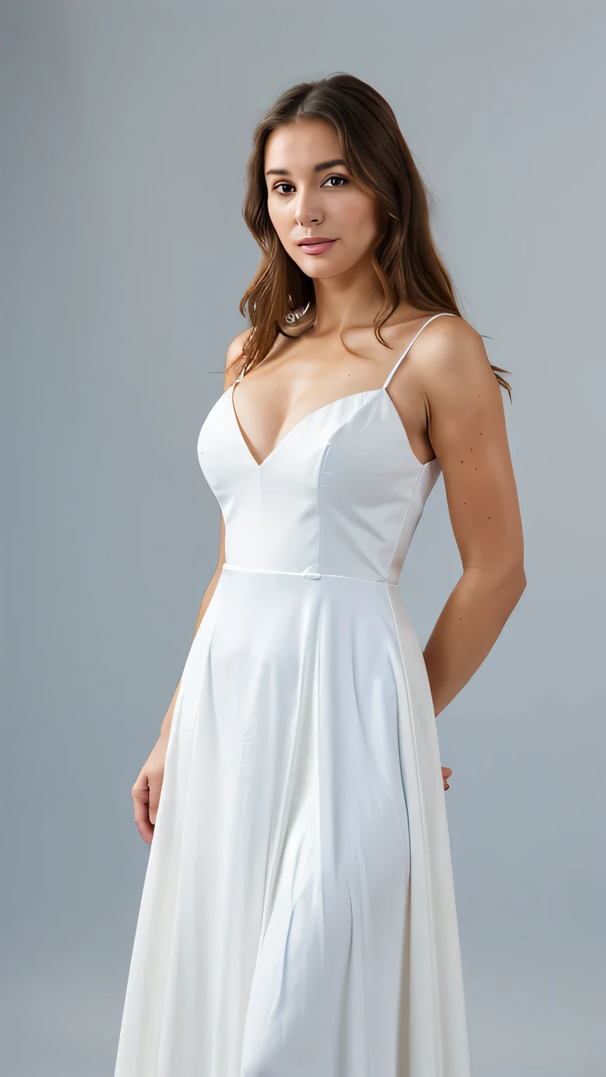 a portrait of a gorgeous western woman in a formal closed white gown posing for a picture with navy blue background