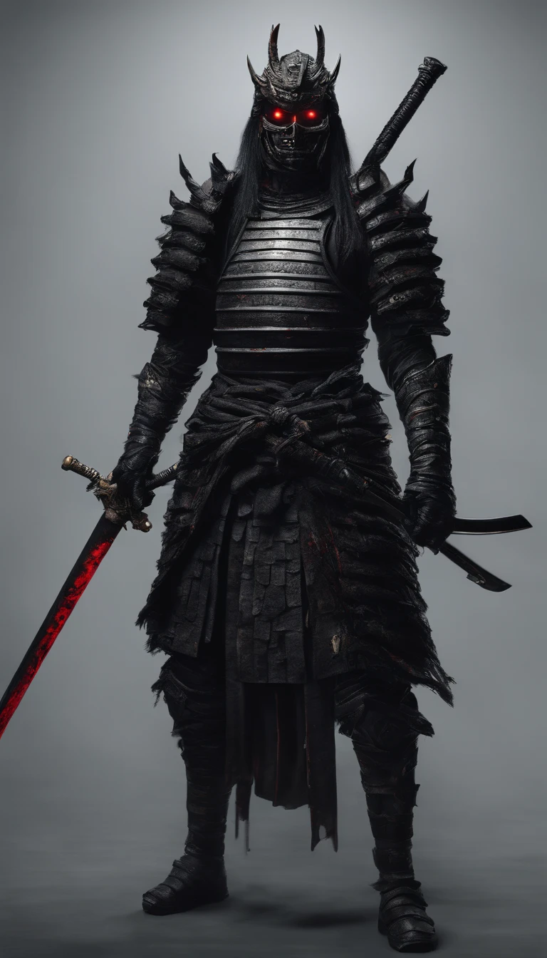 (highest quality,4K,8K,High resolution,masterpiece:1.2),super detailed,realistic:1.37,Samurai of the Sengoku period in Japan,Wearing full samurai armor,Mask of the Black Samurai,Holding a sharp samurai sword,Intense feeling of pressure,glowing red eyes