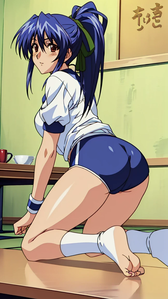 ((table top, highest quality, High resolution, nffsw, perfect pixel, 4K, nffsw, nffsw))), 1 girl, single, alone, Beautiful woman、I could see the whole body、 ((ponytail, bangs, blue hair)), ((brown eyes, beautiful eyelashes, realistic eyes)), ((detailed face, blush:1.2)), ((smooth texture:0.75, realistic texture:0.65, realistic:1.1, Anime CG style)), medium breasts, ((全身backwardsショット))、 perfect body, (backwards)、 Cute ass、((White short-sleeved gym clothes with navy blue cuffs))、((navy blue bloomers))、((barefoot、dark blue socks))、big smile、in the forest、((backwards))、(showing your butt to the audience)