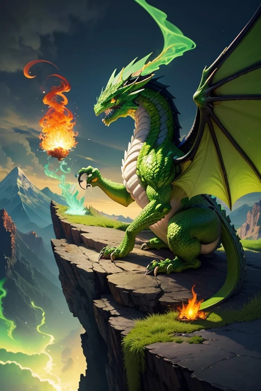 Green dragon with flaming wings exhales fire on top of a cliff. The Flaming Dragon breathes fire, volcanes, respirando fuego. energy elements, aura, Onda, particles, and harmony.