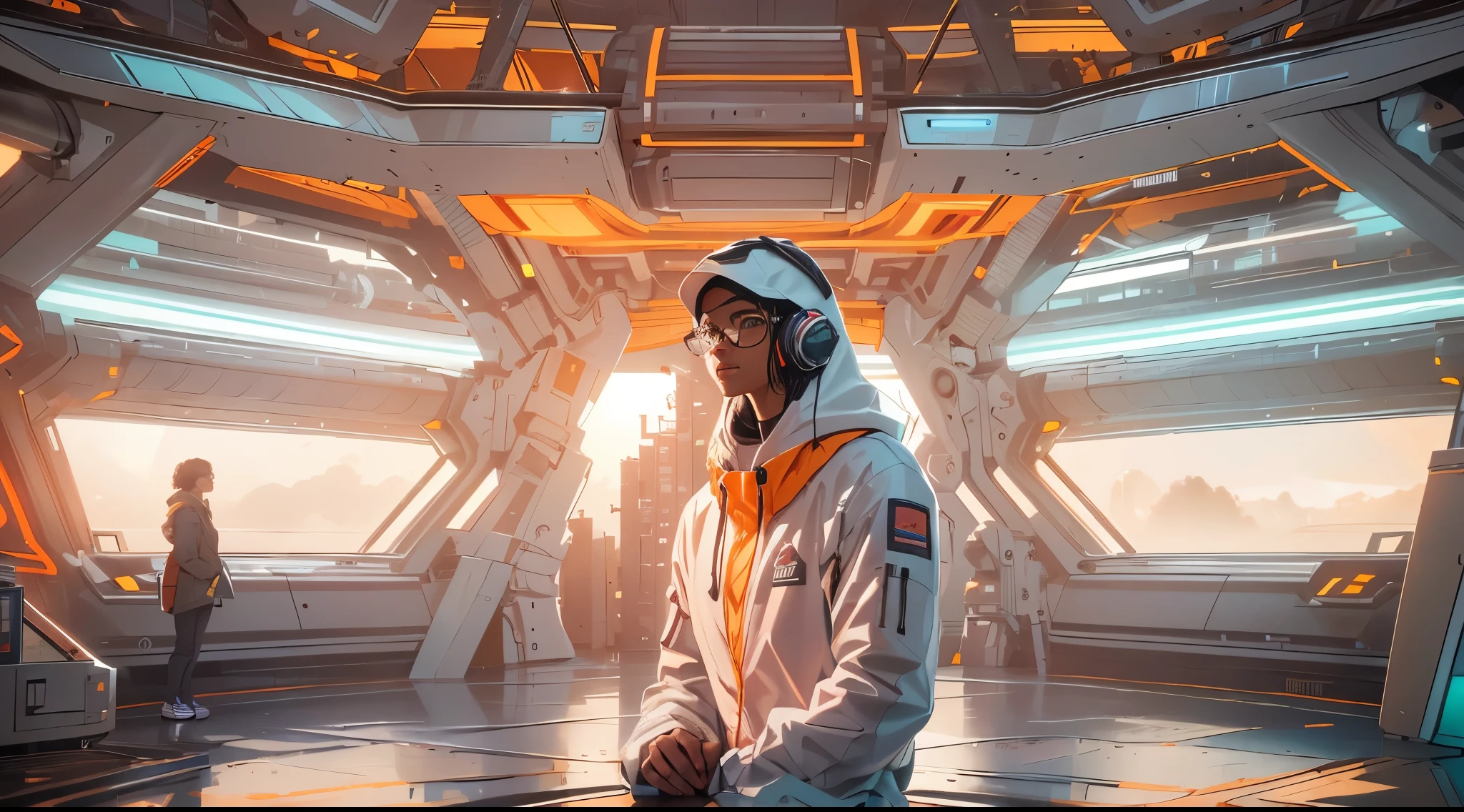 Capture the breathtaking moment as a young, dark-skinned man wearing glasses, dressed in a crisp white windbreaker hoodie faces an ominous orange light structure in a futuristic white building, in the midst of a space station with rocket ships and advanced equipment, creating a raw and emotional masterpiece. This ultra-high resolution, photorealistic full-body portrait is bathed in the warm glow of sunlight, capturing the essence of the scene. The style is reminiscent of mecha sci-fi anime, presented in an impressive 8K resolution for unparalleled image quality. Crafted with Unreal Engine 5, the artwork features ultra-realistic 64K CG, skin texture at 1.4, and an evocative orange volumetric fog, adding depth and atmosphere to the narrative. Further detailing includes 8K UHD, DSLR quality, film grain, and the artistic nuances of lomography, resulting in a visually stunning composition that seamlessly blends high-quality visuals, translucent effects, and photorealism to truly captivate the viewer.