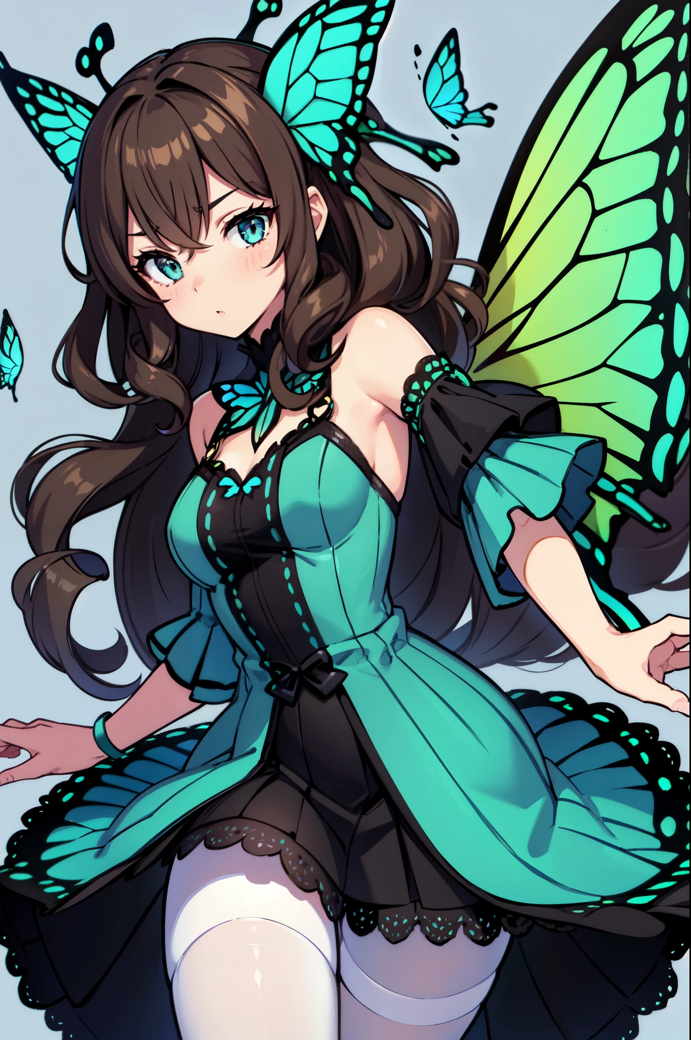 1girl, (butterfly ears:1.1), (caramel brown hair), ((((curly hair)))), (very long hair), (hair covering eye), (grey eyes), (dynamic pose), (colorful idol costume), ((lacy skirt)), (white and black argyle pantyhose), (butterfly wings:1.3), (dynamic angle), more_details:-1, more_details:0, more_details:0.5, more_details:1, more_details:1.5, glowify, more prism, vibrant color, jewelry background, floating gems, floating glass pieces, ((color scheme: mint blue, matcha green))