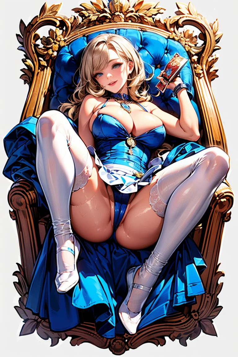 (master piece, high-quality, Mystical, Beautifully Aesthetic, ideal ratio of body proportions, image art, Impresionism), (ultra high resolution, 8K RAW photo, photo realistics, natural lighting, textile shading), (1 d woman:1.3, solo:1.5, milf:1nsfw:1.37), (Fractal pattern Art:1.2), shinny skin, tile patterns, ((alice in the wonderland:1.2, a girl floating in air:1.35, smiling with half-closing eyes)), ((flying PlayingCards, Trump, floating tea cup, floating tea pot, pocket watch:1.3, big mirror, lip sticks, candys, jam bottles)), cute animetic white rabbit, ((dark-Blue dress :1.5, a miniskirt, White Apron, white sock)), (platinum-blonde, tied hair with a ribbon), (Blue eyes, bright pupils with highlights, detailed eyes), (lying on your back:1.2, leaning backward:1.2, with rising up legs:1.3), ((dutch angle:1.5, full body:1.3, from below:1.2)), Exotic wallpapers, colorful image, simply background, fantastic, fantasy:1.5, ((correct anatomy:1.5, correct hand)),