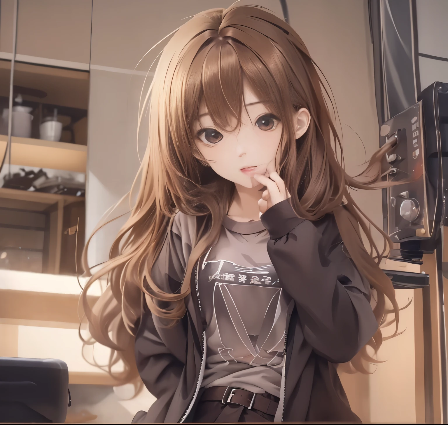 highest quality, realistic anime picture、8k wallpaper, ((beautiful)), (Lovely) ,(((1 girl))),full body portrait、23 years old,(Brown hair long hair))、soft light、（brown coat、black t-shirt、compress on stomach、Open the front of the coat）、inside the house