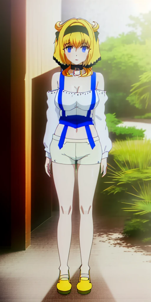 ((masterpiece、top-quality)), 1girl in, ((full body Esbian、Standing picture)), cute young woman, Colored hair, white shirt, shortpants, Black garter belt、(white backgrounid)