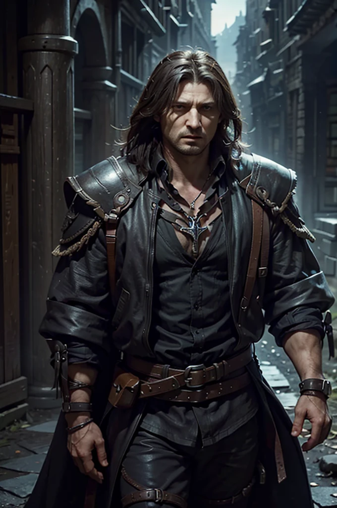 Compose a vivid depiction of the dark gothic world of &#39;Castlevania&#39;: Lords of shadows.Explora los paisajes traicioneros, Castillos obsesivos, and the epic battle between the Brotherhood of Light and the Dark Ones. Highlights the journey of protagonist Gerard Butler as he embarks on a quest to defeat evil and save the world from the clutches of supernatural creatures... Immerse yourself in the game&#39;s rich narrative, intense action, and complex lore that captivate players in this action-adventure masterpiece."Sharp details super super detailed hyper realistic very sharp details high resolution