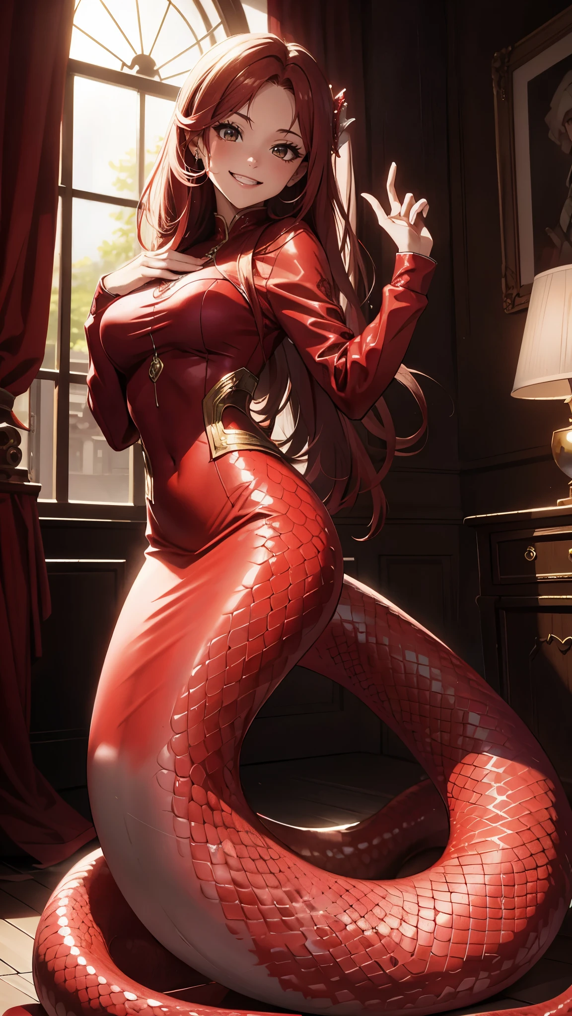 masterpiece，best quality，original photo，red clothes，high resolution，Mermaid，snake，Smile，portrait，close shot