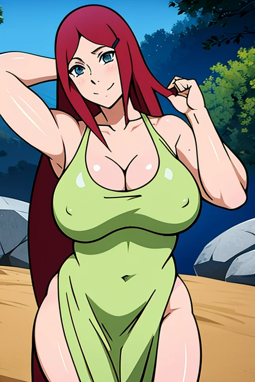 Uzumaki_Kushina, Grande_senos, de pie, Solo, Kushina_Verde_vestido, obra maestra, Mejor calidad, cara detallada, ojos detallados, high resolution, Sonrisa, feliz, Cerezos en flor, onsen, pecho gigante realista, Punto de vista, grandes pechos, sin censura, topples, pezones
