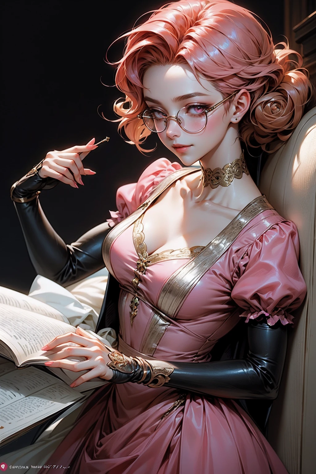 Anime girl tuxedo with curly rose gold hair and round gold glasses, rose gold eyes. Guviz style art, attractive detailed art style, Charlie Bowater Style, 1 7 - - old e anime girl, detailed manga style, detailed anime character art, germ of art. High detail, stunning manga art style. Rose dress. (pink dress) . Wearing rose gold Victorian clothing. Dancing, walking, drinking, reading, writing, lying, standing, on your back, dynamic poses, smile, closed mouth. Different Pose.