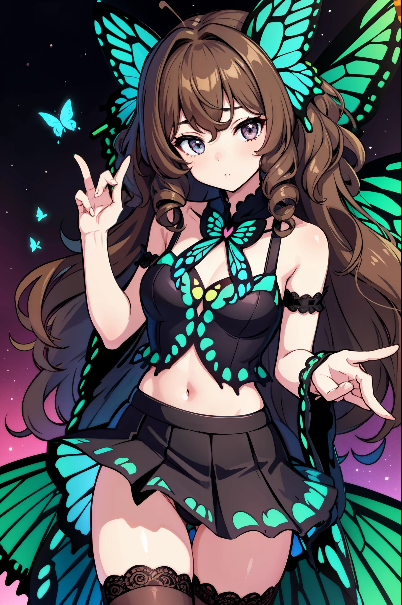 1girl, (butterfly ears:1.1), (caramel brown hair), ((((curly hair)))), (very long hair), (hair covering eye), ((dark grey eyes)), (dynamic pose), (colorful idol costume), ((lacy skirt)), (white and black argyle pantyhose), (butterfly wings:1.3), (dynamic angle), more_details:-1, more_details:0, more_details:0.5, more_details:1, more_details:1.5, glowify, more prism, vibrant color, ((color scheme: mint blue, matcha green))