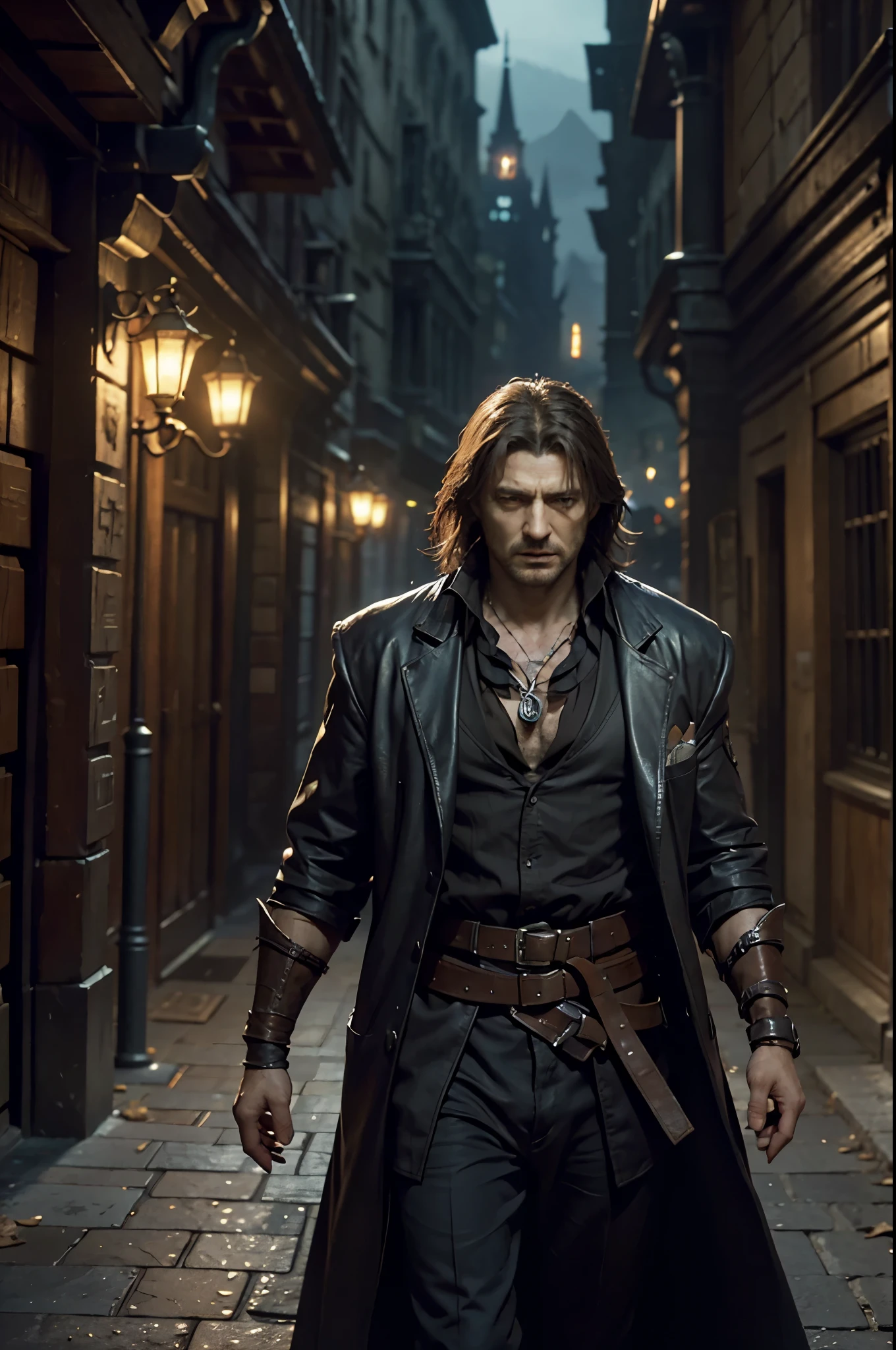 Compose a vivid depiction of the dark gothic world of 'Castlevania': Lords of shadows.Explora los paisajes traicioneros, Castillos obsesivos, and the epic battle between the Brotherhood of Light and the Dark Ones. Highlights the journey of protagonist Gerard Butler as he embarks on a quest to defeat evil and save the world from the clutches of supernatural creatures... Immerse yourself in the game's rich narrative, intense action, and complex lore that captivate players in this action-adventure masterpiece."Sharp details super super detailed hyper realistic very sharp details high resolution