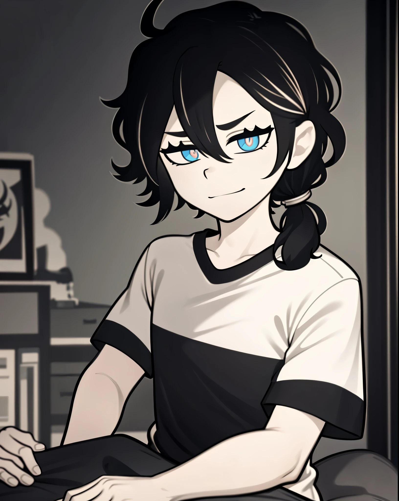 monochrome,tcoaal, solo, looking at viewer, long hair, shirt, 1boy, hair between eyes, closed mouth,black hair, blue eyes, upper body, ahoge, short sleeves, male focus, bedroom background, messy hair, bright pupils, outline, white pupils, black and blue shirt, white outline, flirtatious smiling, younger