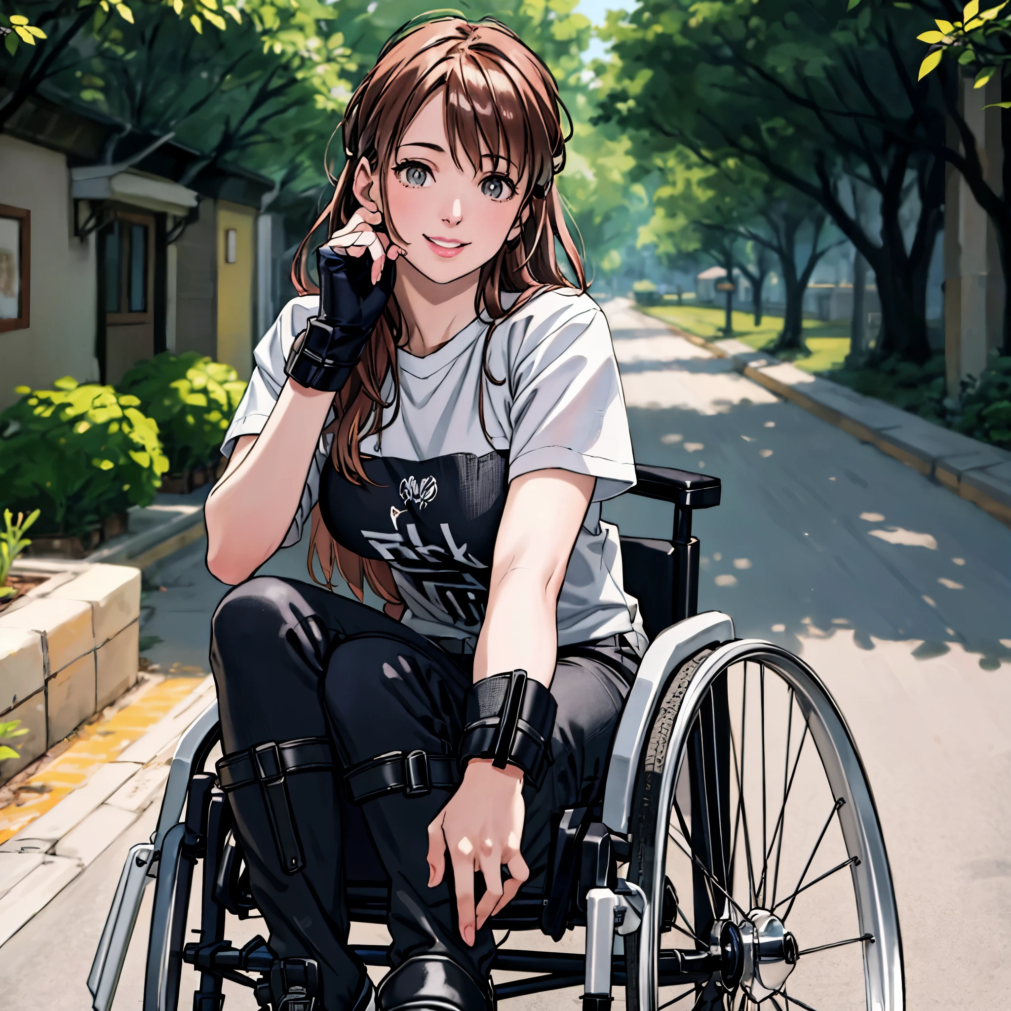 (best quality,4k,8k,highres,masterpiece:1.2),ultra-detailed,(realistic,photorealistic,photo-realistic:1.37),riding in wheelchair,vibrant colors,energetic atmosphere,happy and relaxed scene,joyful expressions,blissful smiles,happy and vibrant ambiance,warm and lively,positive and uplifting,cheerful and vibrant composition,full of vivid colors,warm lighting,cozy atmosphere,soft lighting,bright and luminous scene,subtle ambiance,warm color tones.
