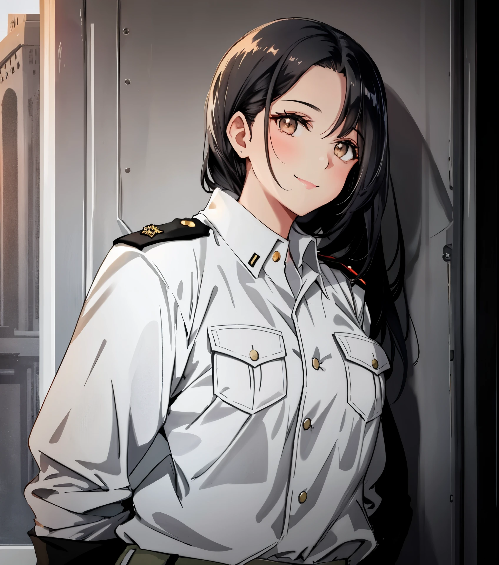 a close up of a girl in military uniform, smiling, black hair, glowing grey eyes, inspired by Gamal Abdel Nasser, looking at viewer, insignia, desert color uniform, shirt pockets, arms behind back