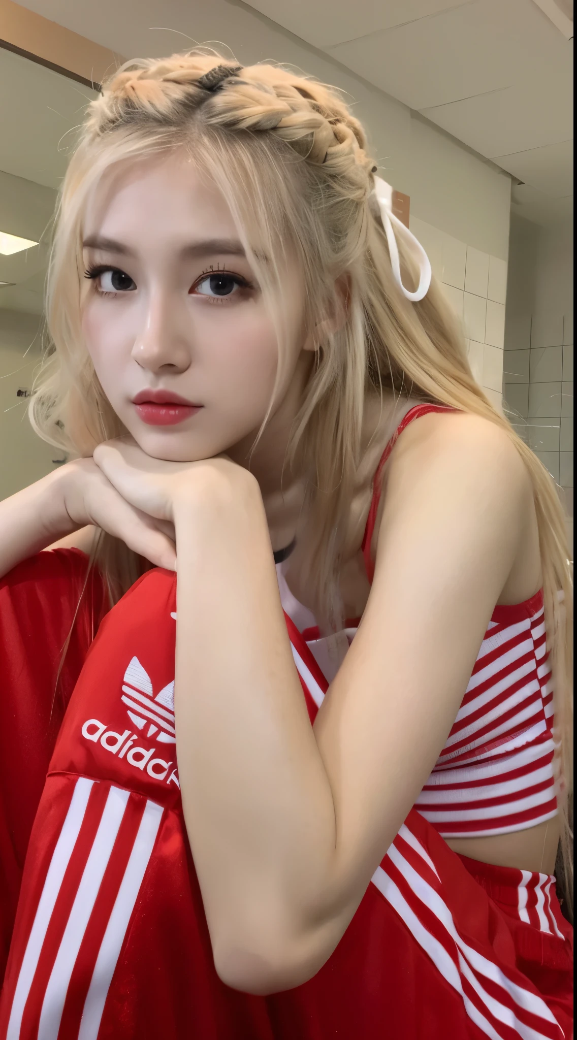 Girl in red Adidas clothes, blonde hair, K-pop idol, Rose from Black Pin