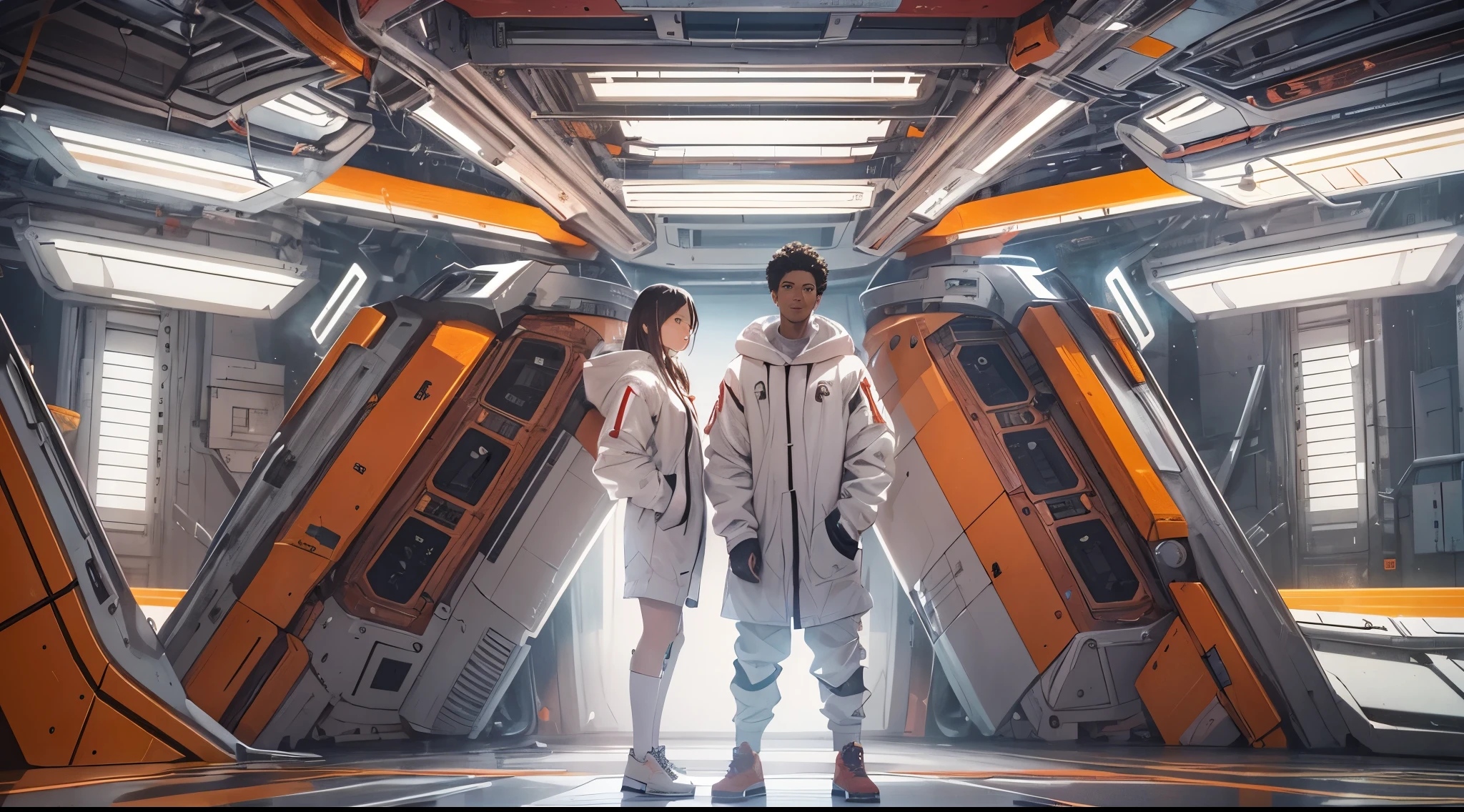 Capture the breathtaking moment as a diverse group of young men and women dressed in a crisp white windbreaker hoodie, have fun in an ominous orange light structure in a futuristic white building, in the midst of a space station with rocket ships and advanced equipment, creating a raw and emotional masterpiece. This ultra-high resolution, photorealistic full-body portrait is bathed in the warm glow of sunlight, capturing the essence of the scene. The style is reminiscent of mecha sci-fi anime, presented in an impressive 8K resolution for unparalleled image quality. Crafted with Unreal Engine 5, the artwork features ultra-realistic 64K CG, skin texture at 1.4, and an evocative orange volumetric fog, adding depth and atmosphere to the narrative. Further detailing includes 8K UHD, DSLR quality, film grain, and the artistic nuances of lomography, resulting in a visually stunning composition that seamlessly blends high-quality visuals, translucent effects, and photorealism to truly captivate the viewer.