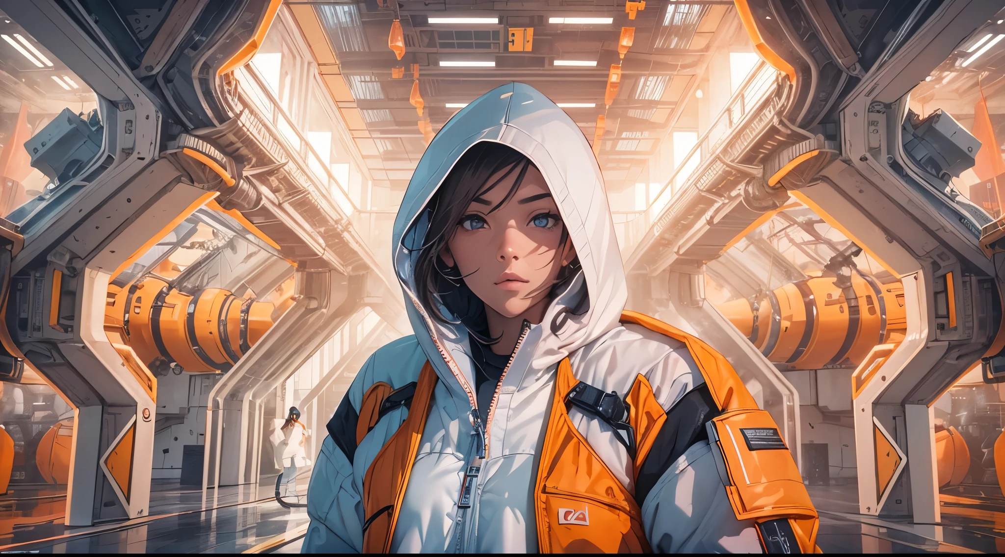 Capture the breathtaking moment as a diverse group of young men and women dressed in a crisp white windbreaker hoodie, have fun in an ominous orange light structure in a futuristic white building, in the midst of a space station with rocket ships and advanced equipment, creating a raw and emotional masterpiece. This ultra-high resolution, photorealistic full-body portrait is bathed in the warm glow of sunlight, capturing the essence of the scene. The style is reminiscent of mecha sci-fi anime, presented in an impressive 8K resolution for unparalleled image quality. Crafted with Unreal Engine 5, the artwork features ultra-realistic 64K CG, skin texture at 1.4, and an evocative orange volumetric fog, adding depth and atmosphere to the narrative. Further detailing includes 8K UHD, DSLR quality, film grain, and the artistic nuances of lomography, resulting in a visually stunning composition that seamlessly blends high-quality visuals, translucent effects, and photorealism to truly captivate the viewer.