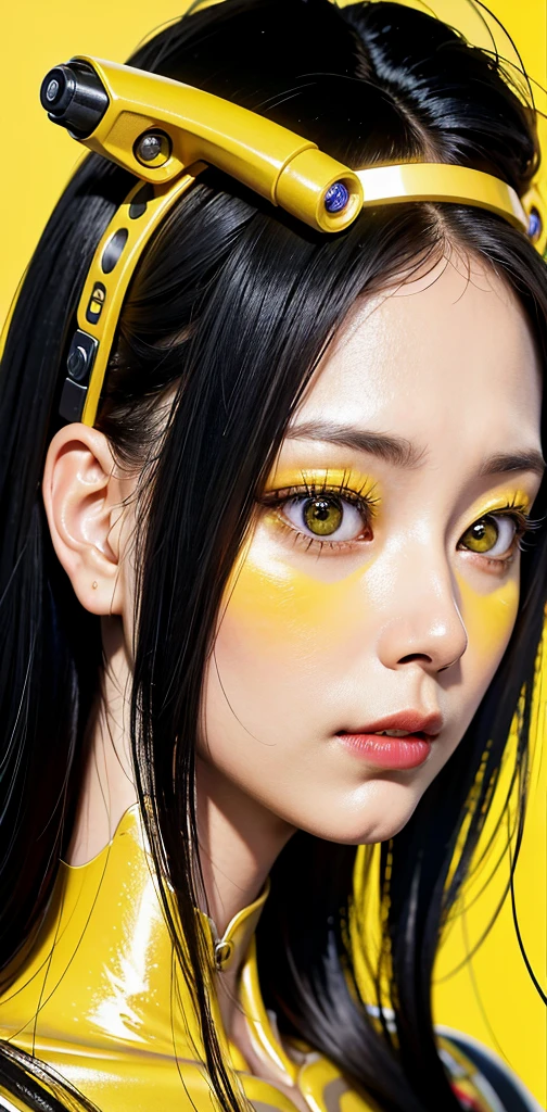 profile Photography, in front of a yellow wall, an asian cyborg woman head without body, connected by cables, twisted cables and wires and LED, atractive eyes body punk PLC Robots with silver motor head, with ray guns, 80 degree view, art by Sergio Lopez, Natalie Shau, James Jean and Salvador Dali, (yellow background:1.5)