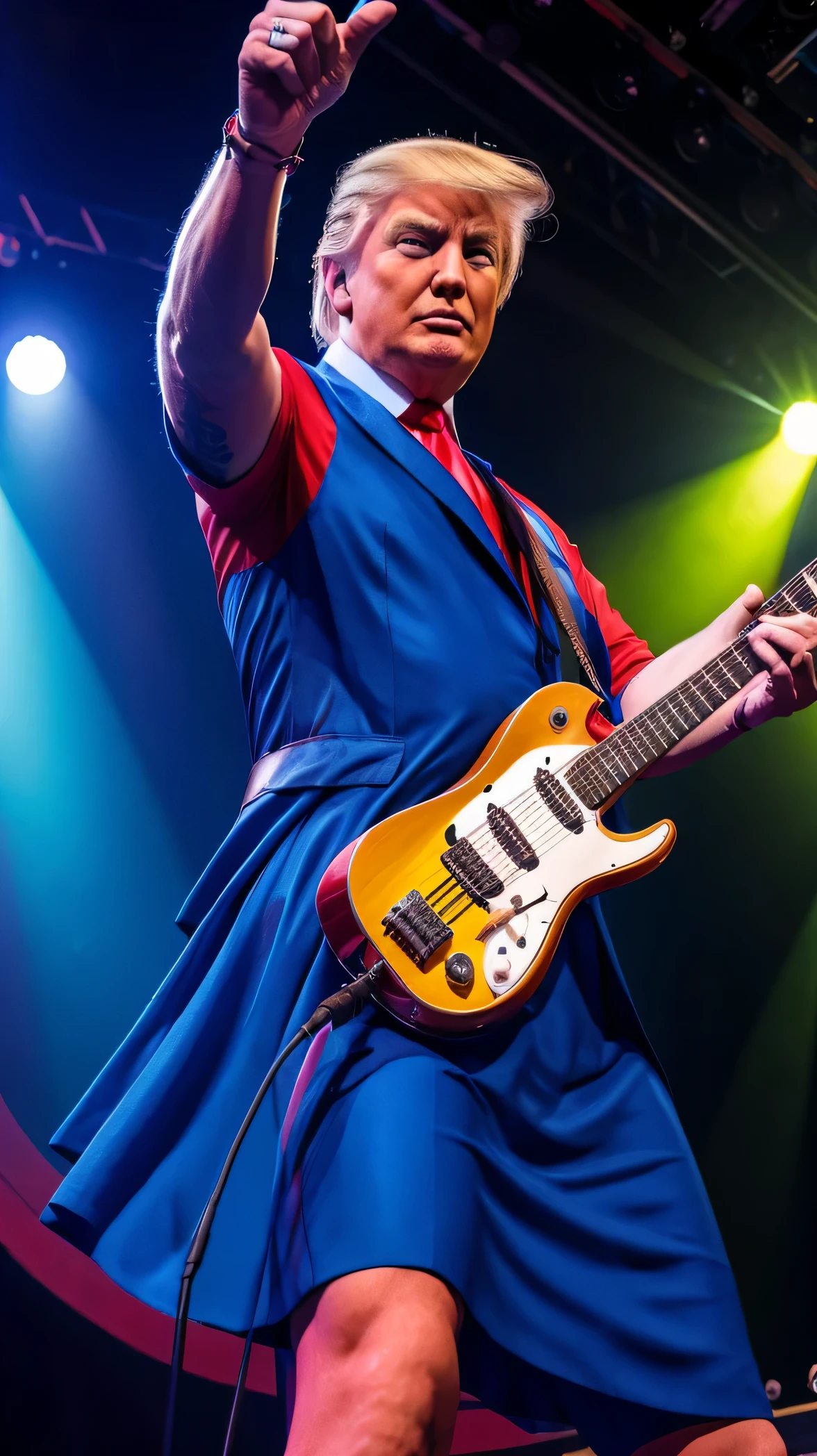 (donald Trump realista) 8k, rock and roll RED AND BLUE COLOR dress, tocando guitarra eletric FENDER ON stage, uhd, only him