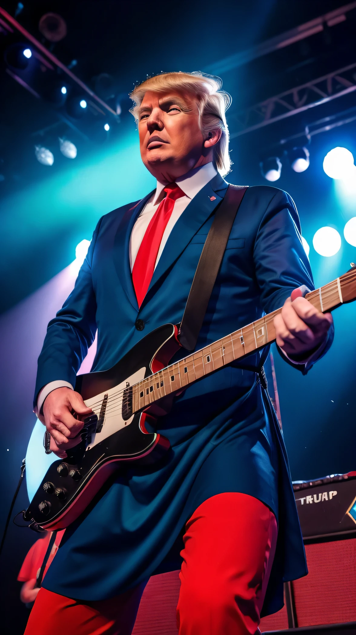 (donald ????? realista) 8k, rock and roll RED AND BLUE COLOR dress, tocando guitarra eletric FENDER ON stage, uhd, only him