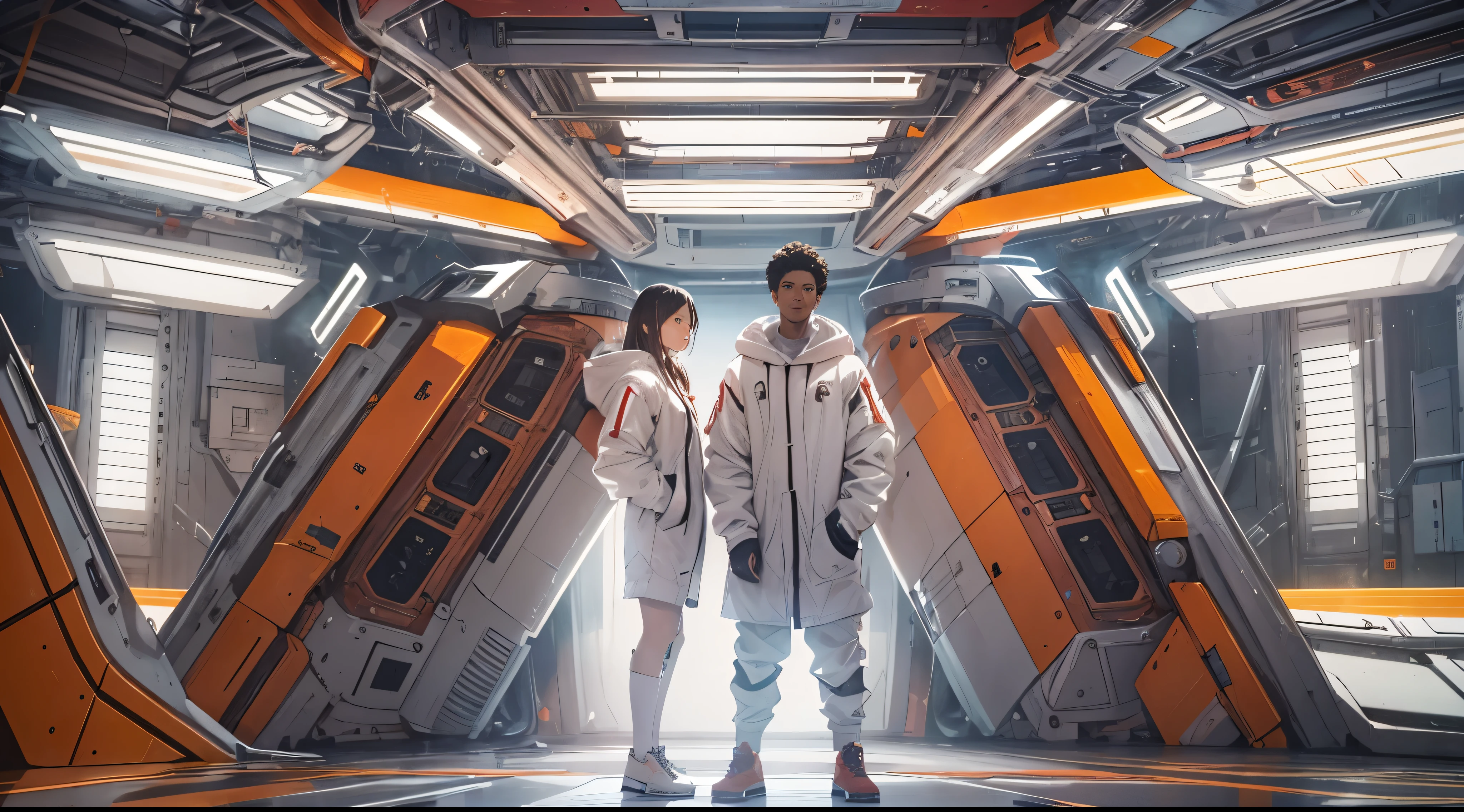 Capture the breathtaking moment as a diverse group of young men and women dressed in a crisp white windbreaker hoodie, have fun in an ominous orange light structure in a futuristic white building, in the midst of a space station with rocket ships and advanced equipment, creating a raw and emotional masterpiece. This ultra-high resolution, photorealistic full-body portrait is bathed in the warm glow of sunlight, capturing the essence of the scene. The style is reminiscent of mecha sci-fi anime, presented in an impressive 8K resolution for unparalleled image quality. Crafted with Unreal Engine 5, the artwork features ultra-realistic 64K CG, skin texture at 1.4, and an evocative orange volumetric fog, adding depth and atmosphere to the narrative. Further detailing includes 8K UHD, DSLR quality, film grain, and the artistic nuances of lomography, resulting in a visually stunning composition that seamlessly blends high-quality visuals, translucent effects, and photorealism to truly captivate the viewer.
