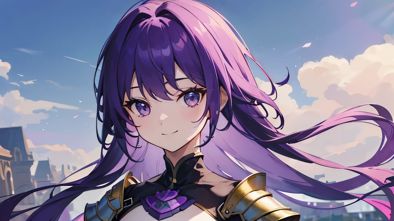 (T Masterpiece,4k wallpaper,best quality))、((girl1people))、(solo)、Brilliant,(purple hair)、(shortcut:1.3)、smile、Upper body、grassland、Princess、armor