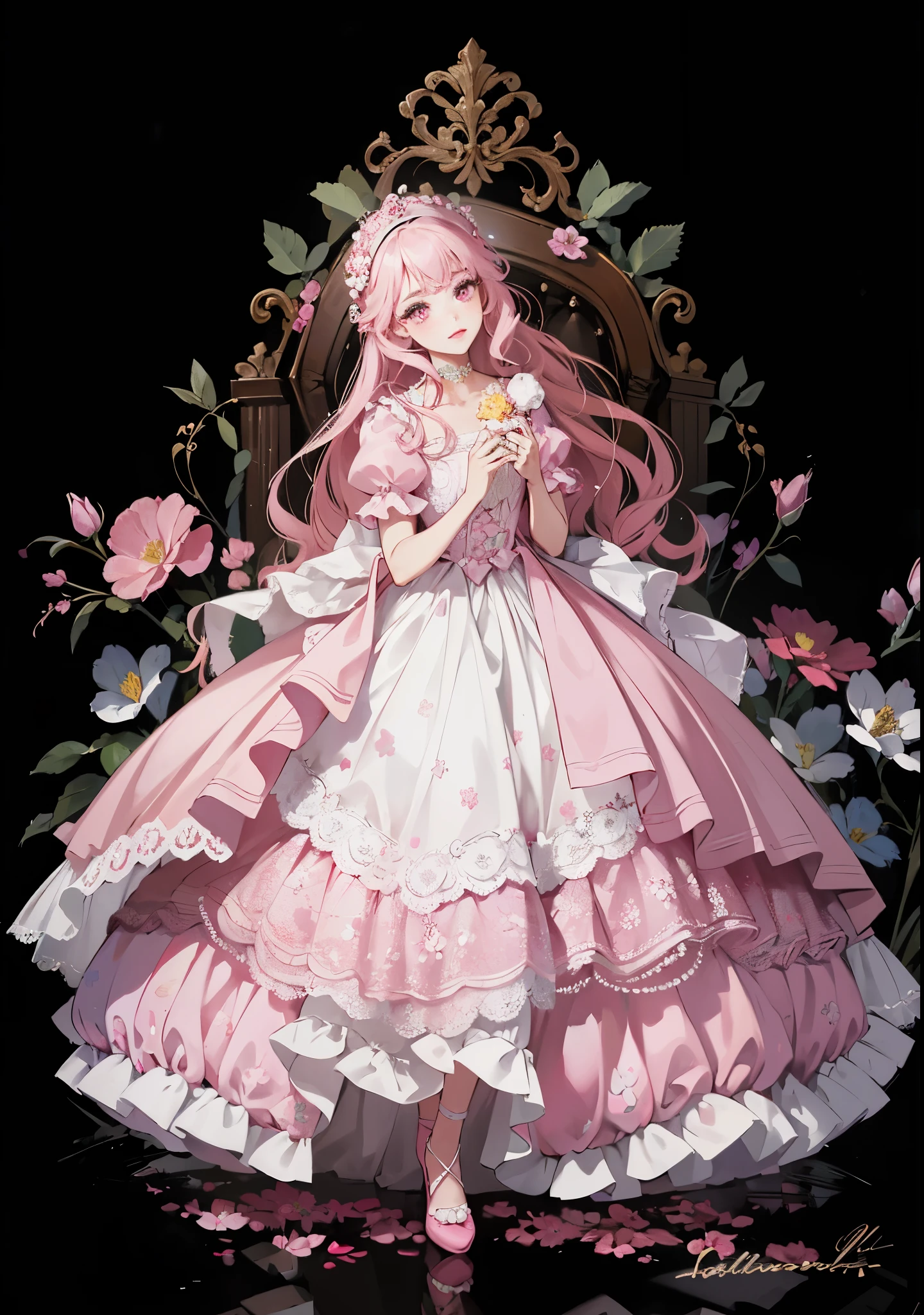 One wearing a pink dress、Arafad image of woman with flowers, ball jointed doll, fairy tale core, rococo dress, anime barbie doll, anime barbie white, Rococo style clothing, fantasy dress, Wearing a pink ball gown, woman wearing glowing floral dress, lolita fashion, rococo queen, Wearing a pink floral dress, lolita style