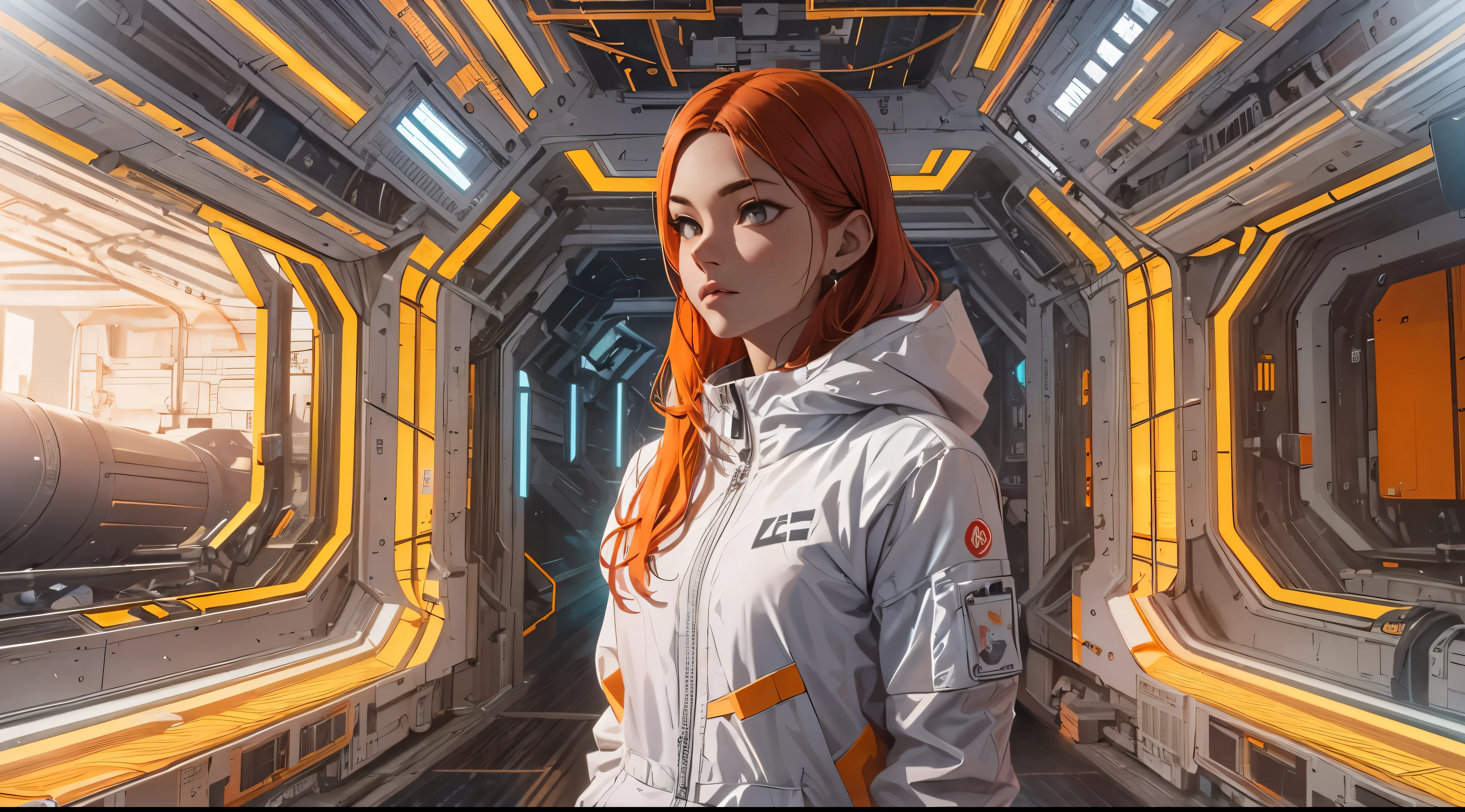 Capture the breathtaking moment as a diverse group of young men and women dressed in a crisp white windbreaker hoodie, have fun in an ominous orange light structure in a futuristic white building, in the midst of a space station with rocket ships and advanced equipment, creating a raw and emotional masterpiece. This ultra-high resolution, photorealistic full-body portrait is bathed in the warm glow of sunlight, capturing the essence of the scene. The style is reminiscent of mecha sci-fi anime, presented in an impressive 8K resolution for unparalleled image quality. Crafted with Unreal Engine 5, the artwork features ultra-realistic 64K CG, skin texture at 1.4, and an evocative orange volumetric fog, adding depth and atmosphere to the narrative. Further detailing includes 8K UHD, DSLR quality, film grain, and the artistic nuances of lomography, resulting in a visually stunning composition that seamlessly blends high-quality visuals, translucent effects, and photorealism to truly captivate the viewer.