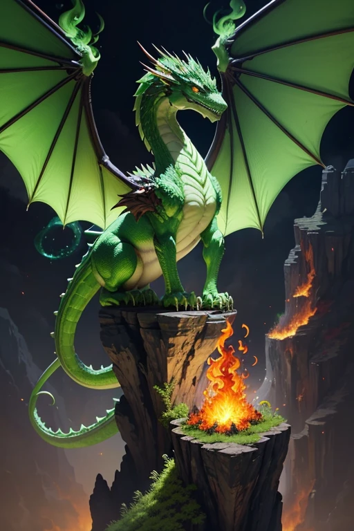 Green dragon with flaming wings exhales fire on top of a cliff. The Flaming Dragon breathes fire, volcanes, respirando fuego. energy elements, aura, Onda, particles, and harmony.