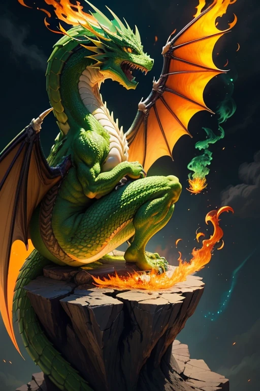 Green dragon with flaming wings exhales fire on top of a cliff. The Flaming Dragon breathes fire, volcanes, respirando fuego. energy elements, aura, Onda, particles, and harmony.