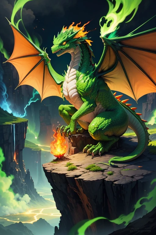 Green dragon with flaming wings exhales fire on top of a cliff. The Flaming Dragon breathes fire, volcanes, respirando fuego. energy elements, aura, Onda, particles, and harmony.