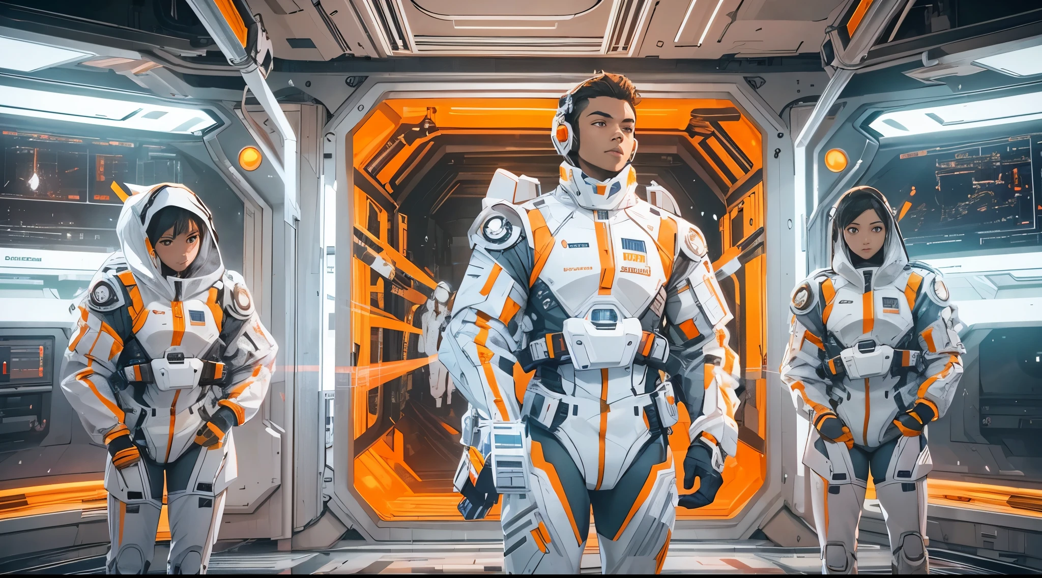 Capture the breathtaking moment as a diverse group of young men and women dressed in a crisp white windbreaker hoodie, have fun in an ominous orange light structure in a futuristic white building, in the midst of a space station with rocket ships and advanced equipment, creating a raw and emotional masterpiece. This ultra-high resolution, photorealistic full-body portrait is bathed in the warm glow of sunlight, capturing the essence of the scene. The style is reminiscent of mecha sci-fi anime, presented in an impressive 8K resolution for unparalleled image quality. Crafted with Unreal Engine 5, the artwork features ultra-realistic 64K CG, skin texture at 1.4, and an evocative orange volumetric fog, adding depth and atmosphere to the narrative. Further detailing includes 8K UHD, DSLR quality, film grain, and the artistic nuances of lomography, resulting in a visually stunning composition that seamlessly blends high-quality visuals, translucent effects, and photorealism to truly captivate the viewer.