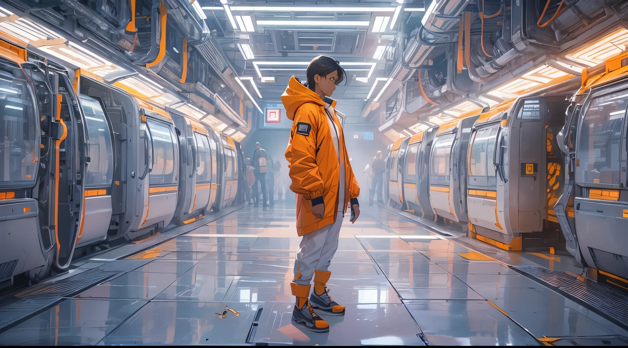 Capture the breathtaking moment as a diverse group of young men and women dressed in a crisp white windbreaker hoodie, have fun in an ominous orange light structure in a futuristic white building, in the midst of a space station with rocket ships and advanced equipment, creating a raw and emotional masterpiece. This ultra-high resolution, photorealistic full-body portrait is bathed in the warm glow of sunlight, capturing the essence of the scene. The style is reminiscent of mecha sci-fi anime, presented in an impressive 8K resolution for unparalleled image quality. Crafted with Unreal Engine 5, the artwork features ultra-realistic 64K CG, skin texture at 1.4, and an evocative orange volumetric fog, adding depth and atmosphere to the narrative. Further detailing includes 8K UHD, DSLR quality, film grain, and the artistic nuances of lomography, resulting in a visually stunning composition that seamlessly blends high-quality visuals, translucent effects, and photorealism to truly captivate the viewer.