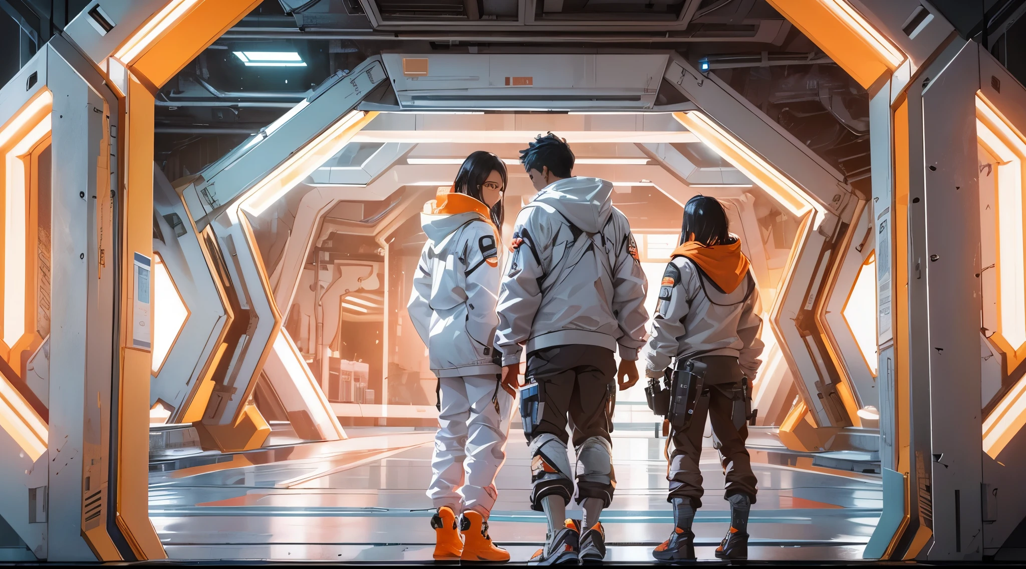 Capture the breathtaking moment as a diverse group of young men and women dressed in a crisp white windbreaker hoodie, have fun in an ominous orange light structure in a futuristic white building, in the midst of a space station with rocket ships and advanced equipment, creating a raw and emotional masterpiece. This ultra-high resolution, photorealistic full-body portrait is bathed in the warm glow of sunlight, capturing the essence of the scene. The style is reminiscent of mecha sci-fi anime, presented in an impressive 8K resolution for unparalleled image quality. Crafted with Unreal Engine 5, the artwork features ultra-realistic K CG, skin texture at 1.4, and an evocative orange volumetric fog, adding depth and atmosphere to the narrative. Further detailing includes 8K UHD, DSLR quality, film grain, and the artistic nuances of lomography, resulting in a visually stunning composition that seamlessly blends high-quality visuals, translucent effects, and photorealism to truly captivate the viewer.