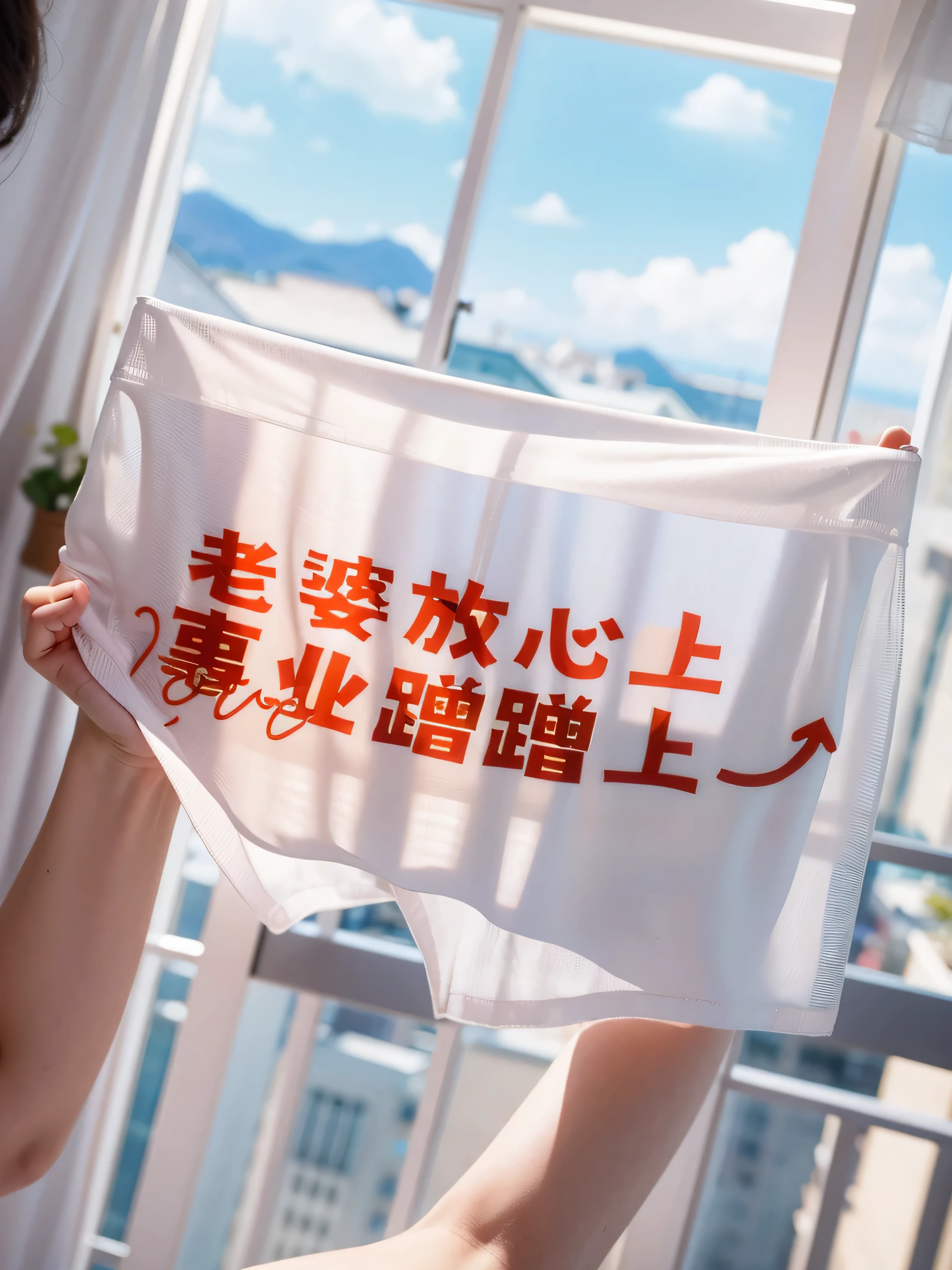One hand holding boxers, ( Hotel floor-to-ceiling windows, City:0.7, seaside:1.2) ,Vision,background bokeh