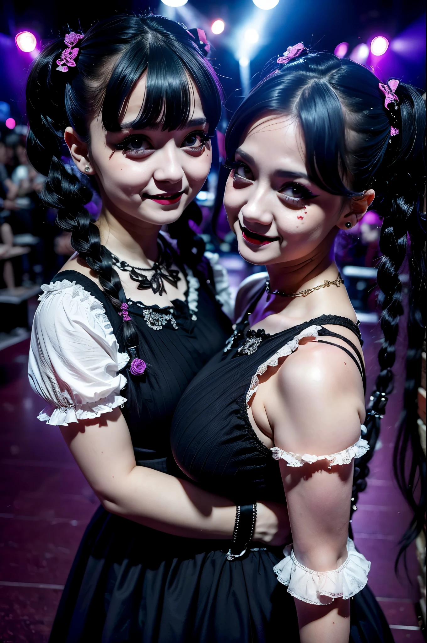 2heads, two headed girl, age 21, curvy, pretty, goth ta, hair in pigtails, at k-pop concert, dark lighting, excited,