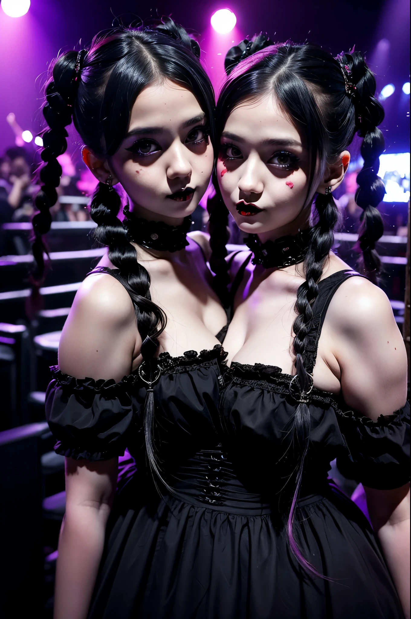 2heads, two headed girl, age 21, curvy, pretty, goth ****ta, hair in pigtails, at k-pop concert, dark lighting, excited,