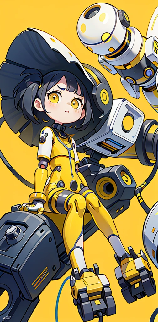 FRONT VIEW PHOTOFRAPHY, in front of a yellow wall, an asian cyborg woman head without body, connected by cables, twisted cables and wires and LED, atractive eyes body punk PLC Robots with silver motor head, with ray guns, 80 degree view, art by Sergio Lopez, Natalie Shau, James Jean and Salvador Dali, (yellow background:1.5)