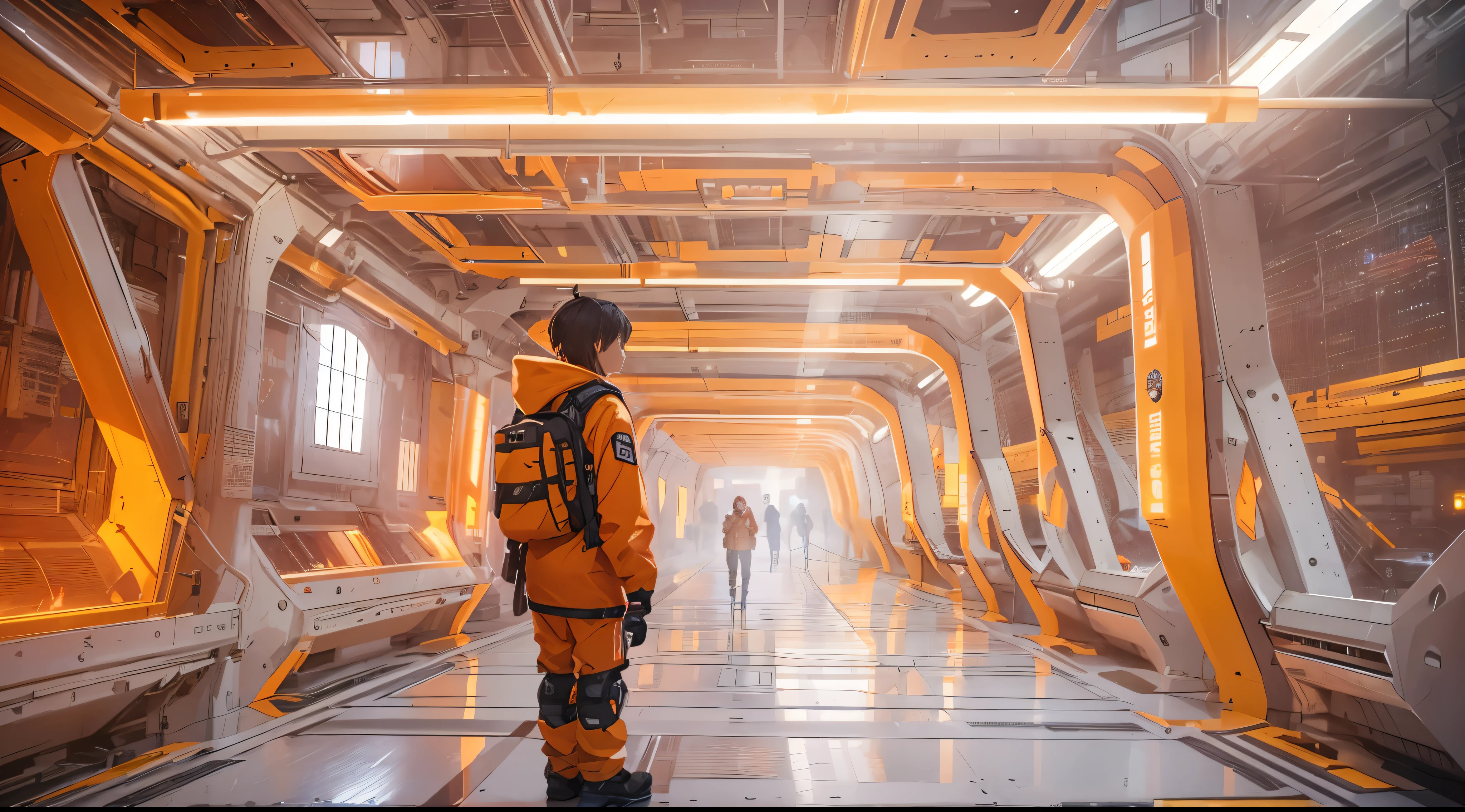 Capture the breathtaking moment as a diverse group of young men and women dressed in a crisp white windbreaker hoodie, have fun in an ominous orange light structure in a futuristic white building, in the midst of a space station with rocket ships and advanced equipment, creating a raw and emotional masterpiece. This ultra-high resolution, photorealistic full-body portrait is bathed in the warm glow of sunlight, capturing the essence of the scene. The style is reminiscent of mecha sci-fi anime, presented in an impressive 8K resolution for unparalleled image quality. Crafted with Unreal Engine 5, the artwork features ultra-realistic 64K CG, skin texture at 1.4, and an evocative orange volumetric fog, adding depth and atmosphere to the narrative. Further detailing includes 8K UHD, DSLR quality, film grain, and the artistic nuances of lomography, resulting in a visually stunning composition that seamlessly blends high-quality visuals, translucent effects, and photorealism to truly captivate the viewer.