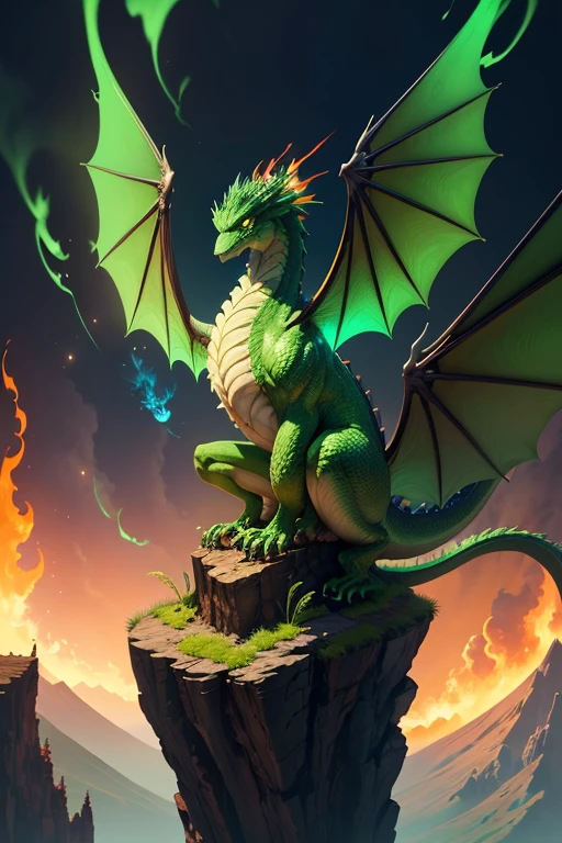 Green dragon with flaming wings exhales fire on top of a cliff. The Flaming Dragon breathes fire, volcanes, respirando fuego. energy elements, aura, Onda, particles, and harmony.
