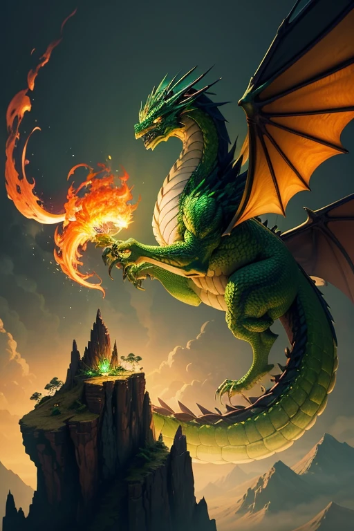 Green dragon with flaming wings exhales fire on top of a cliff. The Flaming Dragon breathes fire, volcanes, respirando fuego. energy elements, aura, Onda, particles, and harmony.