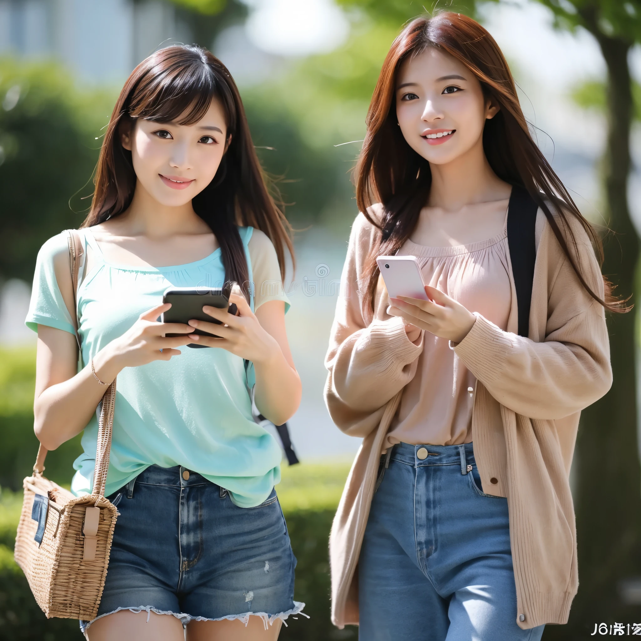 Two beautiful asian woman, fiddling with cell phone  short clothes