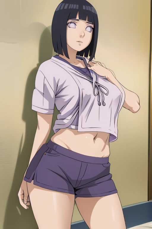 parte maestra, absurdo, 1 chica, Hinata\(Shippuden\), solo,serafuku, camiseta sin mangas, pantalones ajustados, barriga hacia fuera, pechos medios, piernas gruesas, caderas anchas, cintura fina, delicioso, grandes pechos, sin censura, topples, pezones