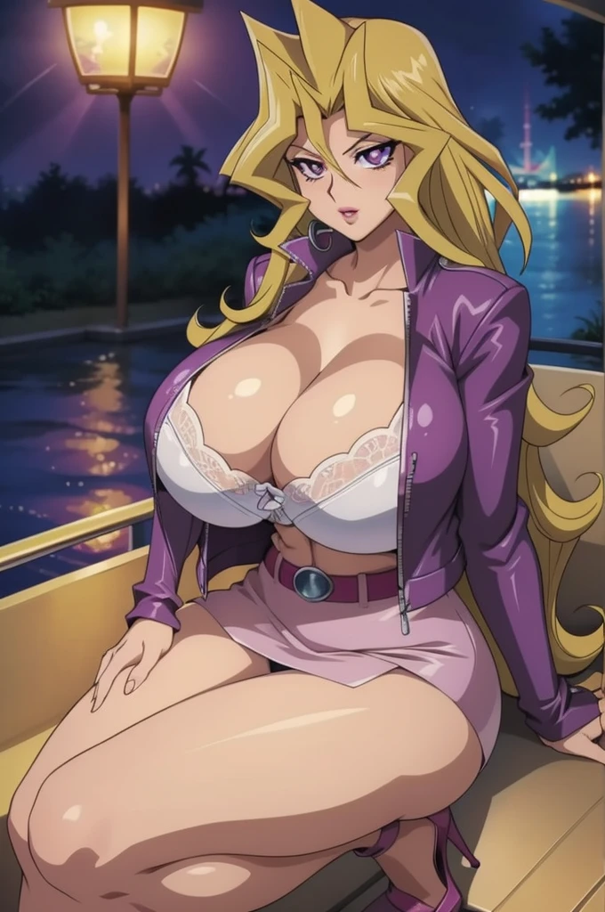 High resolution, Mai Valentine, Yu-Gi-Oh, 1girl, ((bimbo))), long blond hair, purple eyes, puffy lips, thick lips, wide hips, thick thighs, huge ass, enormous huge natural breasts mature woman, erotic face, shiny skin, purple jacket, white bra, skirt, panties, high heels, full body, revealing cleavage, luxury boat, in a cruise