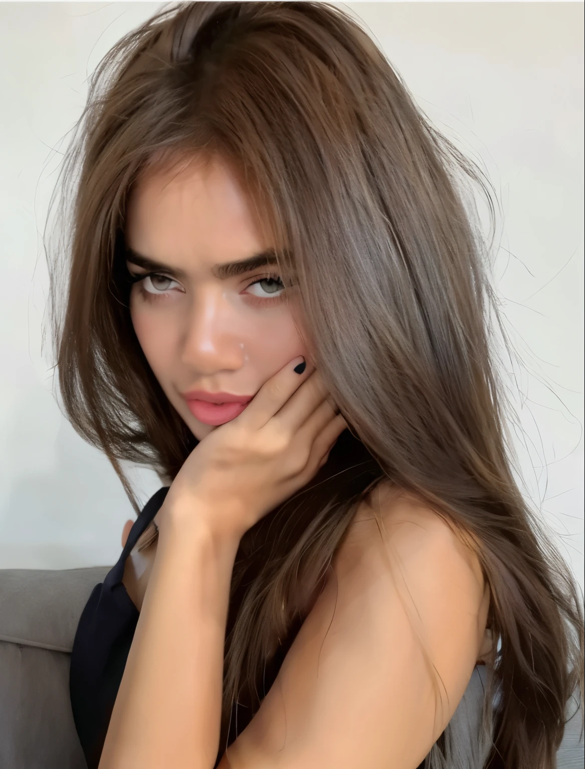 Arafed Woman with long brown hair sitting on a sofa, cindy avelino, cerveza madison, soft devil queen cerveza madison, 18 years, cerveza madison girl portrait, julia sarda, modelo de instagram, anastasia ovchinnikova, imagen filtrada, belleza asombrosa, hermosa fina - cara, cara perfecta ), :: cerveza madison, Dua Lipa