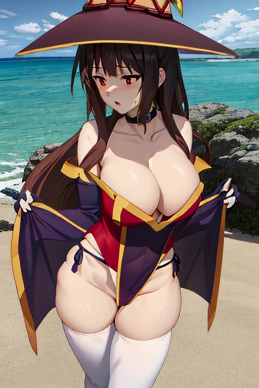 masterpiece, high resolution, best quality, beautiful art, detailed hands and face, 1 woman, solo, Megumin, 30 years old, grown up, woman, loose long hair, big breasteavage, blese_clothes, sexy outfit, pelvic tain, white stockings, sleeveless, alluring body, she is doing exercise, stretching her limbs, warming up, sexy moves, showing andposing her legs, thighs and white panties, pelvic curtain is, beach background